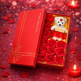 Kırmızı Güller ve Ayıcık Tasarımlı Hediye Kutusu
