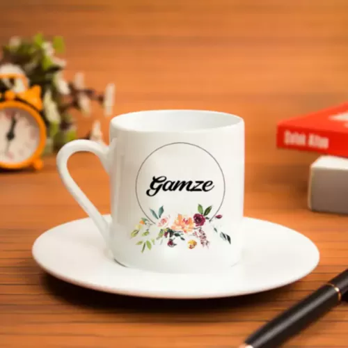 İsme Özel Çiçek Tasarımlı Türk Kahvesi Fincanı